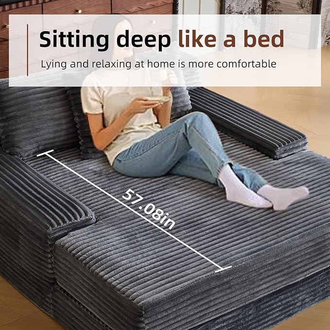 67'' Chaise Lounge Chair Indoor Oversized Upholstered Sofa Bed Modern Deep Seat Sofa Comfy Corduroy Sleeper Couch for LivingroomBedroomNo Assembly (Grey)