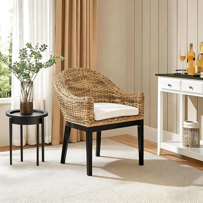 DUHOME Rattan Accent Chair - Modern Armchair with Natural Rattan Armrest Black Solid Wood Legs &amp Inset Beige Cushion Leisure Chair for Balcony Living Room