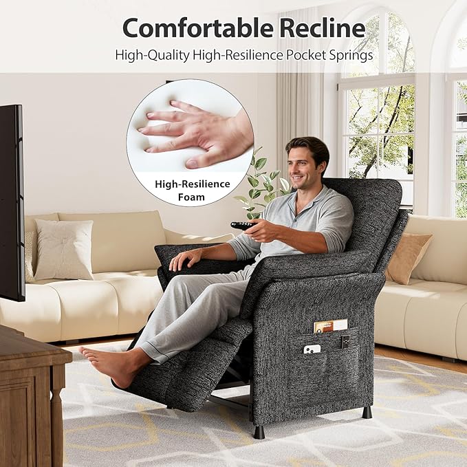 Power Recliner Chair for Adults with Heat &amp Massage - Linen Electric Reclining Sofa with Remote Control 3 Side Pockets 180° Lay Flat Sleeper for Living Room Home Theater Dark Grey