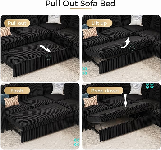 KKL Sleeper Sofa with Pull Out Bed Corduroy Sectional Couches for Living Room Modular Sectional Sofa with Storage L Shaped Sectional Sleeper Sofa Couch Black