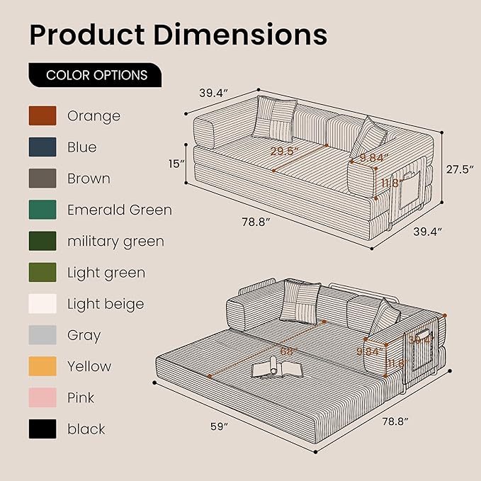 Belhome 78.8 Convertible Sofa Bed Futon Sofa Bed with Side Pocket Corduroy Pull Out Futon Sofa Boneless Couch for Living RoomsNo Assembly Required Latte