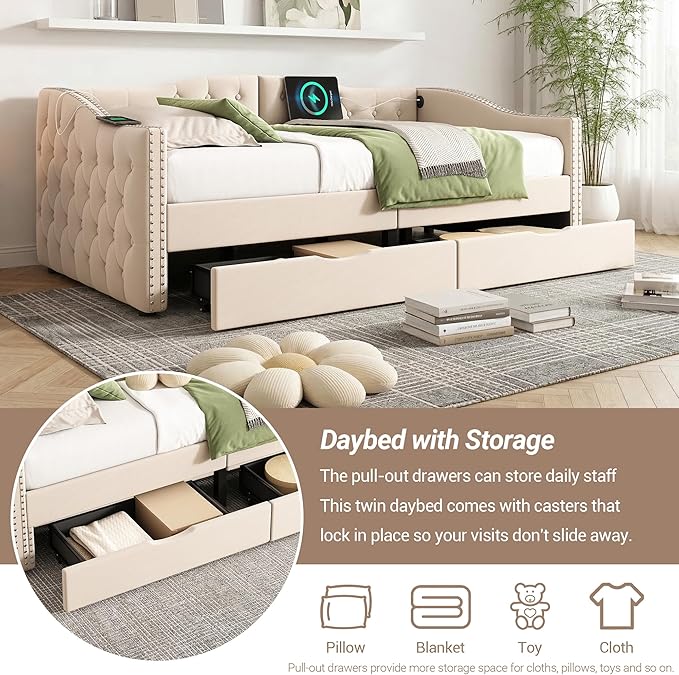 Twin Daybed with Storage Drawers Twin Size Velvet Upholstered Sofa Bed Frame w/USB Port Button Tufted Backrest and Nailhead Daybeds for Living Room Bedroom No Box Spring Needed (Beige)