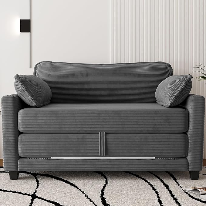 KEIKI Convertible Sofa Bed 2 in 1 Corduroy Loveseat Folding Couch Bed with Storage Chaise Lounge Chair &amp Floor Futon Sleeper Love Seating for Small Apartment Guest Living Room Easy Assembly Gr