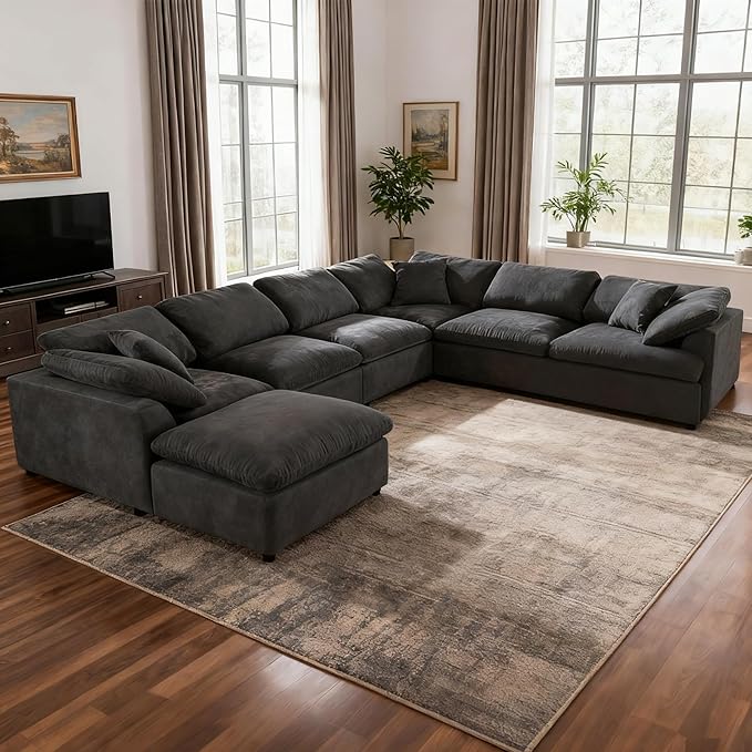 129.3 Oversized Modular Sectional Sofa U Shaped Couch with Movable Ottoman Large 7 Seater Corner Sofa for Living Room Office Spacious Space Grey
