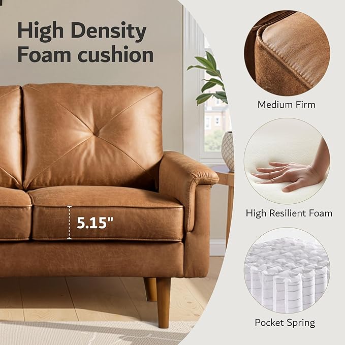 ovios Luxury 3 Seater Sofa with Faux LeatherMid-Century Modern Couch with Comfortable ArmrestComfy Couches with Deep SeatSmall Sofas for Living Room Bedroom (Light Brown)
