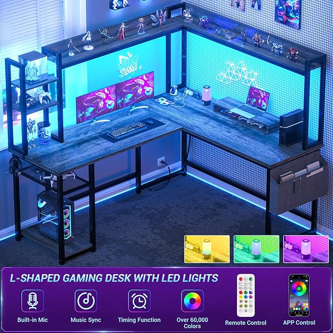 Aheaplus L Shaped Desk with Power Outlet L Shaped Gaming Desk with Led Light &amp Hutch Reversible Home Office Desk Corner Computer Desk Writing Desk with Monitor Stand &amp Storage Shelves Grey