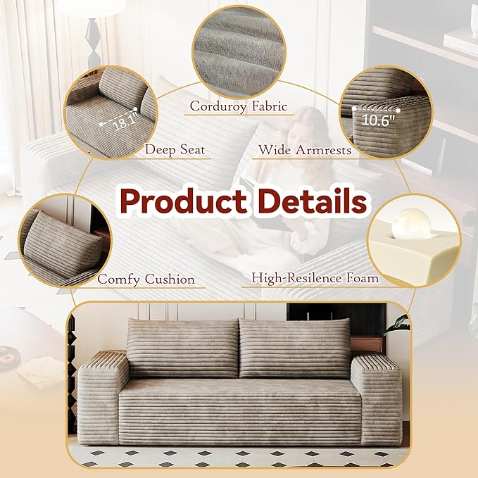 63 Small Cloud Loveseat Sofa in a Box Comfy Corduroy 2-Seater Boneless Couch Modern Deep Seat Sofa for Small Spaces Living Room &amp Apartment No Assembly Required (Camel 63 inch) | Memory Foam