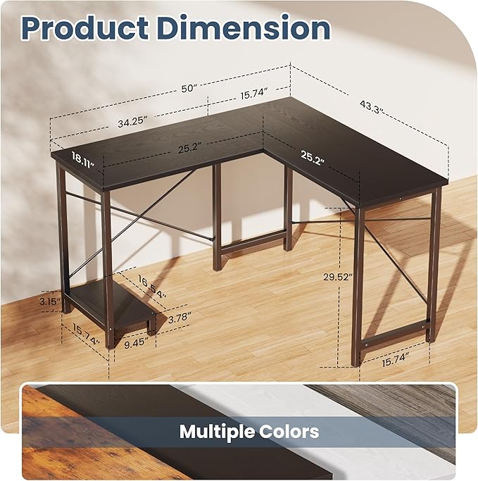 DUMOS L Shaped Desk Computer Gaming Desks Corner Office Table with CPU Shelf for Home Study Writing Work Station 50 Inch Black