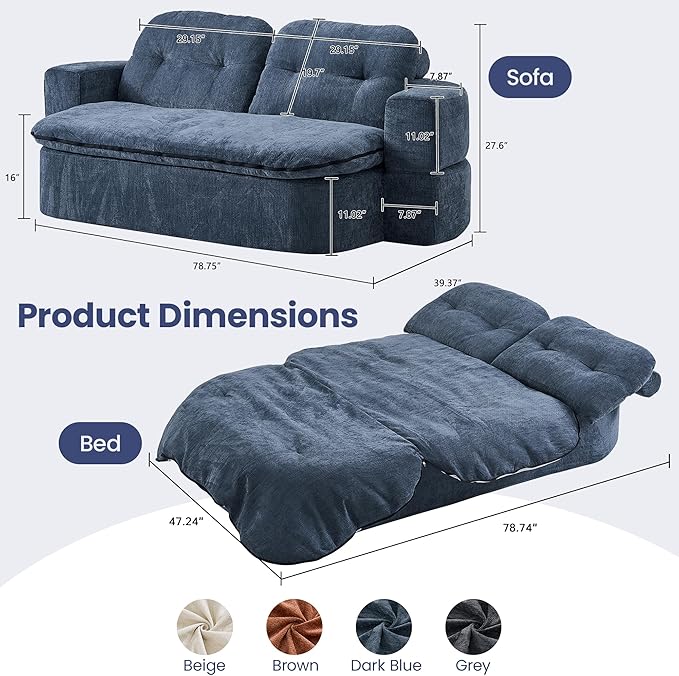 78.74 Convertible Sofa Bed Folding Loveseat Sleeper Sofa 2 in 1 Chenille Floor Couch Bed Foam Compressed Sofa with Pillows &amp Blanket for Living Room Apartment Studio Office (Dark Blue)
