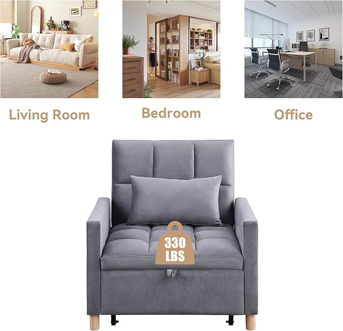 Sleeper Sofa Bed 3-in-1 Convertible Chair Bed Multi-Functional Sleeper Chair Soft Teddy Fabric for Living Room Apartment Office (Grey-Velvet)