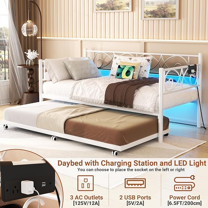 Unikito Daybed with Trundle Bed Twin Bed Frame with Charging Station and LED Lights Metal Sofa Day Bed with Pop Up Trundle and Steel Slat Support for Living Room Bedroom and Guest Room White