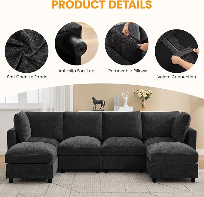 89'' 3-Seater Modular Sectional Cloud Sofa with Ottoman L-Shaped Couch for Living Room Modern Convertible Deep Seats Sofa Chenille Dark Grey