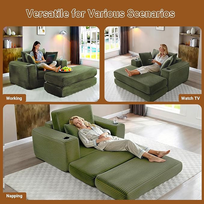 53 Oversized Chaise Lounge Chair Indoor Modular 3-in-1 Corduroy Boneless Chair Cloud-Like Cozy Comfy Sofa Bed Sleeper Couch for Reading Living Room Bedroom Green