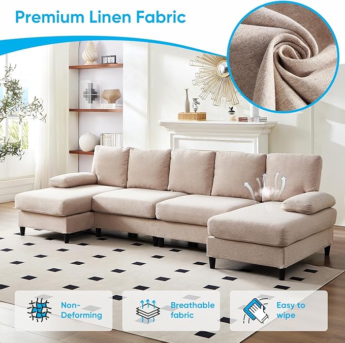 CECER 114” U-Shaped CouchLinen FabricLinen Fabric Modular Sectional Couches for Living Room/Apartment4 Seat Oversized SofaHigh Supportive&ampSoft Sponge(Beige)