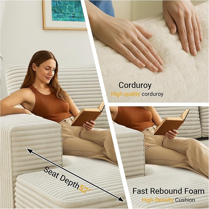 68 2 Seater Cloud Loveseat Sofa Plush Corduroy Fabric Modern Modular Couch Deep Seat Sleeper Couch Reading Chairs for Living RoomBedroom Movie RoomNo Assembly Required Left Facing Beige