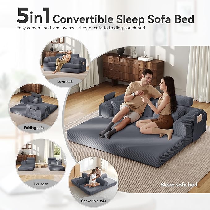 Upgrade High Backrest Design Sofa Bed with Fixed-Shape Frame &amp Removable Armrests and Backrest Corduroy Fabric Convertible Couch for Small Spaces - No Assembly Needed (High Backrest Dark Gray)
