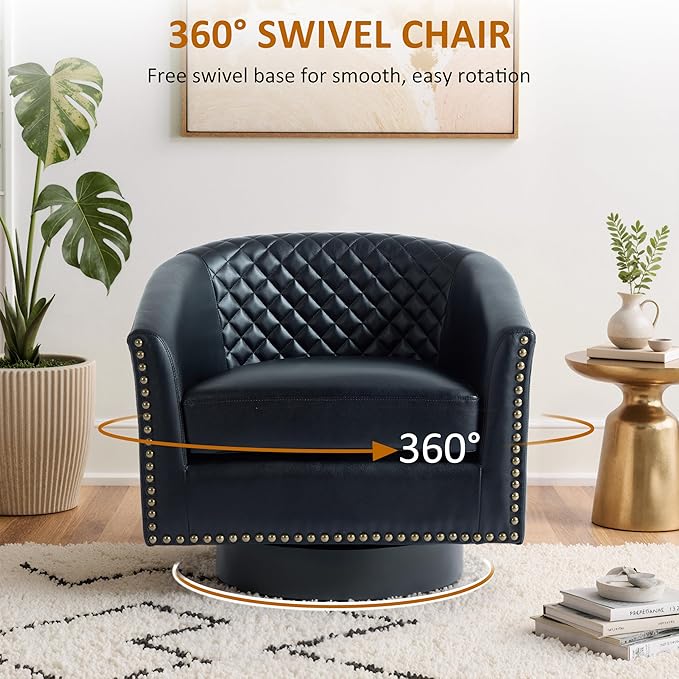 Lumibee 360° Swivel Barrel Chair Faux Leather Swivel Accent Chair with Nailhead Trim Upholstered Round Club Chair Armchair for Living Room Bedroom Black