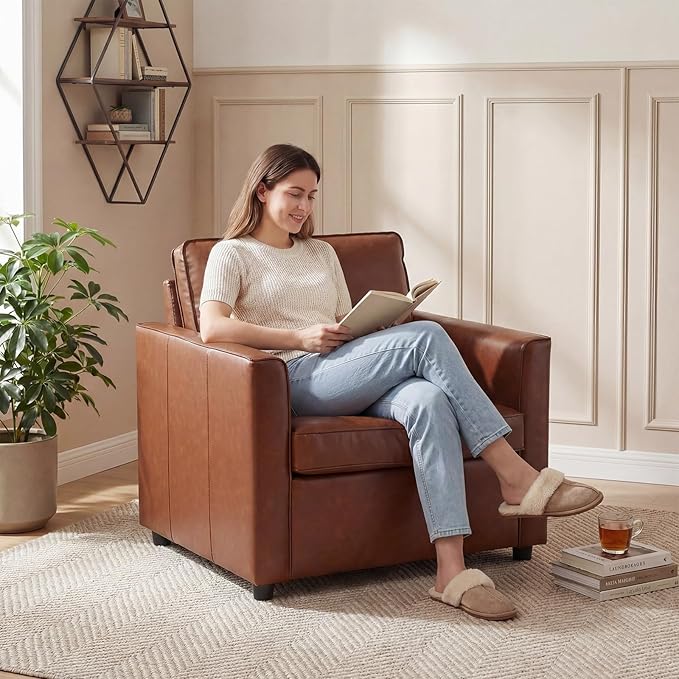 Faux Leather Armchair for Living Room Mid-Century Accent Chair with Deep Seat Cushion Upholstered Comfy Reading Chair Single Sofa Chair for Bedroom Apartment Office Brown
