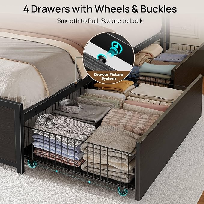 Rolanstar Twin Bed Frame with 4 Storage Drawers Charging Station and LED Lights Metal Platform Bed with 2-Tier Storage Headboard No Box Spring Needed Easy Assembly Noise-Free Black