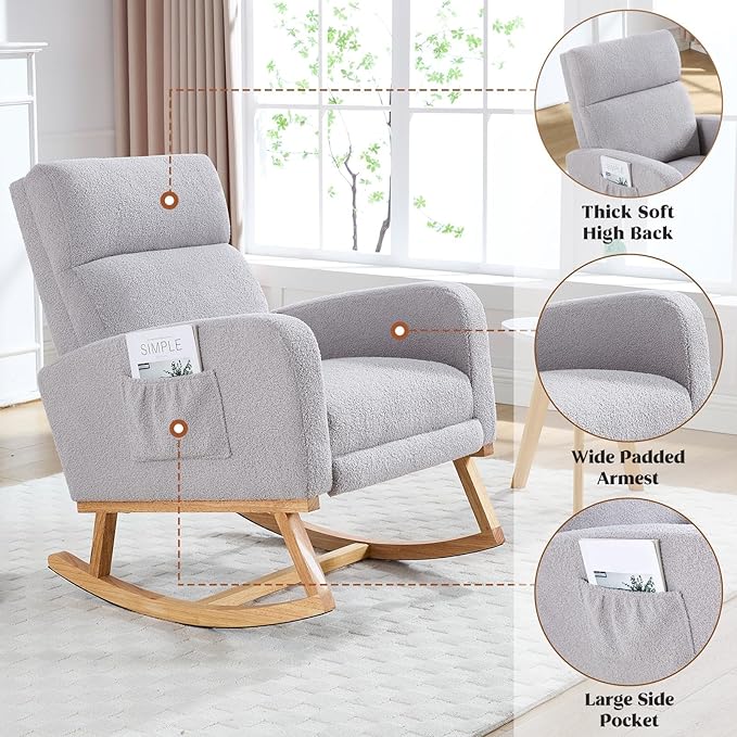 Rocking Chair Nursery with Foot Rest Teddy Nursing Rocking Chairs for Mom Nursery Rocker Glider Chair with Footrest for Living Room Bedroom Light Gray