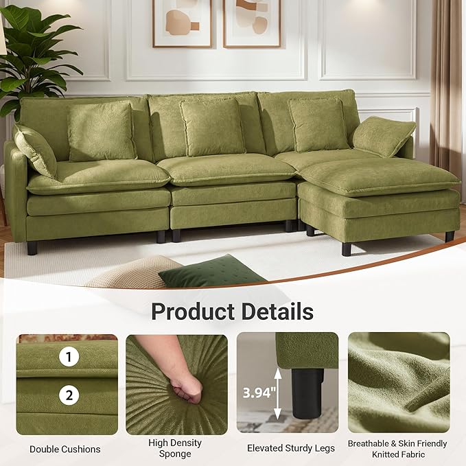 110 U-Shaped Modular Sectional Couch Modern Cloud Couch with Ottoman 5-Seat Chenille Sofa with Pillows Deep Seat Comfy Couch for Living Room Bedroom Green