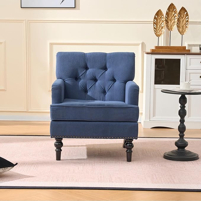 Mid Century Modern Beige Accent Chair with Arms Corduroy Upholstered Armchair with Nailhead Trim Tufted Club Chair &amp Single Sofa Chairs for Living Room Wood Frame &amp Rubber Wood Legs (Blue)