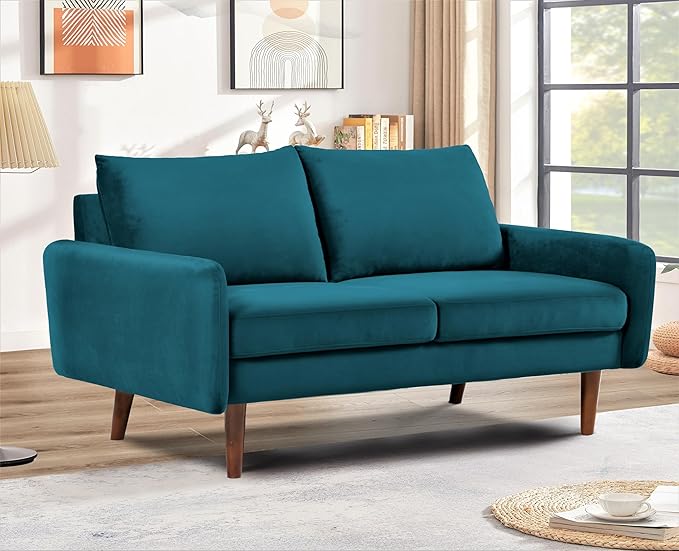 Kent Velvet Loveseat Sofa for Modern Living Rooms and Compact Spaces Comfy 2 Seater Couch Studio Apartment Furniture with Sleek Design Greenish Blue