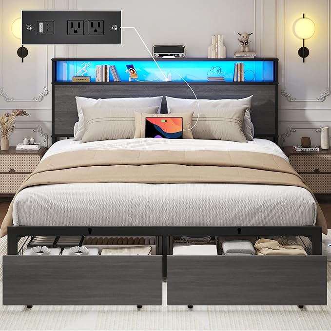 Lifezone Queen Bed Frame with 2-Tier Storage Headboard Metal Bed Frame with Storage Drawers &amp Built-in Charging Station &amp LED Noise-Free No Box Spring Needed Easy Assembly Rustic Grey