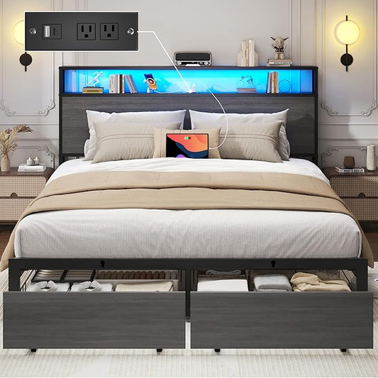Lifezone Queen Bed Frame with 2-Tier Storage Headboard Metal Bed Frame with Storage Drawers &amp Built-in Charging Station &amp LED Noise-Free No Box Spring Needed Easy Assembly Rustic Grey
