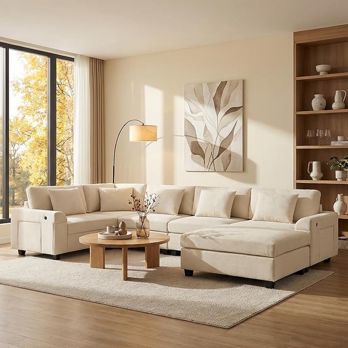 128*67 U Shaped Sectional Sofa 6 Seat Chenille Couch Set with Oversized Ottoman Hidden Armrest Storage and Cup Holders USB Charging Ports Wide Seat Sofa for Living Room Apartment Off White
