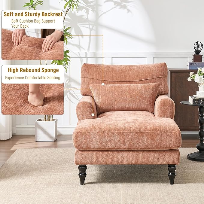 Accent Chair 51'' Modern Armchair for Living Room Upholstered High Back Lazy Sleeper Armchair Recliner for Woman Chaise Lounge Chair Indoor Single Reading Sofa Chair with Wood Legs (Orange)