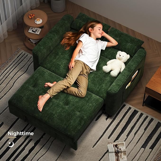 KKL 3 in 1 Convertible Sleeper Sofa Bed Pull Out Couch Bed with Adjustable Backrest Chenille Loveseat Pullout Couches with Side Pocket for Living Room Bedroom (Green)