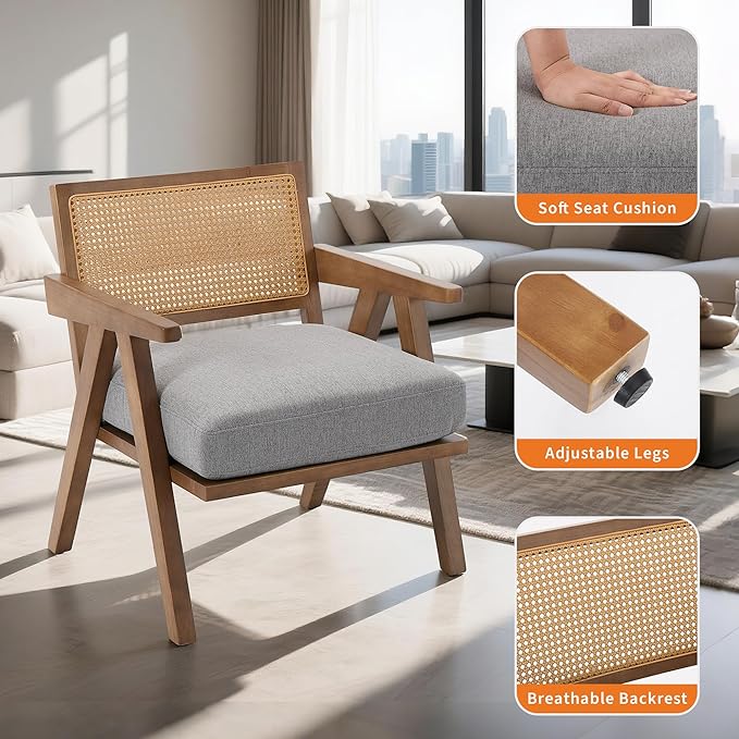 GarveeHome Mid-Century Farmhouse Accent Chair - Wood Armchair with Rattan Backrest &amp Linen Cushion for Living Room Bedroom - Gray Easy Assembly(2 Pcs)