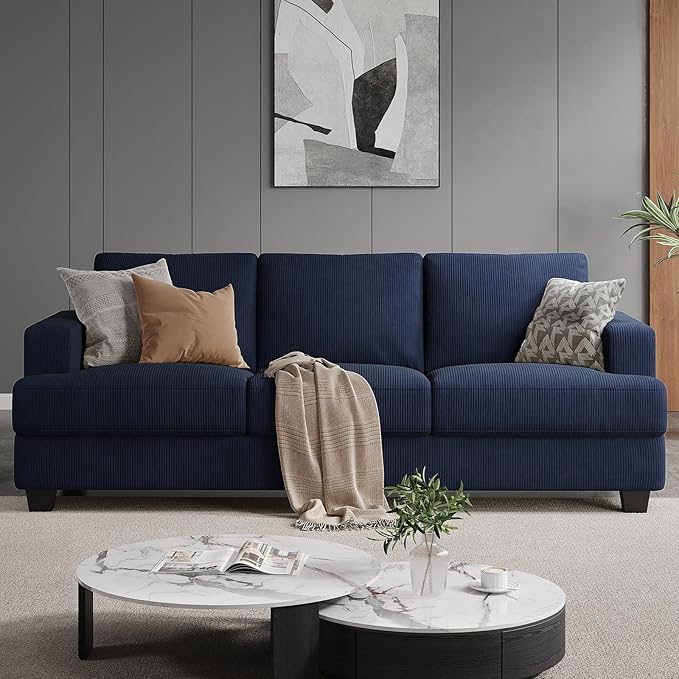 89 Inch Sofa with Extra Deep Seats Oversize 3 Seater Sofa for Living Room Modern Couch and Sofa Comfy Armrests and Seats and Backrests Easy Installation Corduroy Fabric Blue