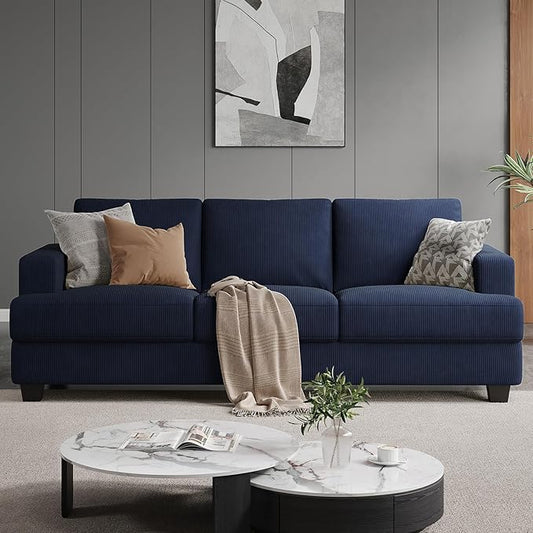 89 Inch Sofa with Extra Deep Seats Oversize 3 Seater Sofa for Living Room Modern Couch and Sofa Comfy Armrests and Seats and Backrests Easy Installation Corduroy Fabric Blue