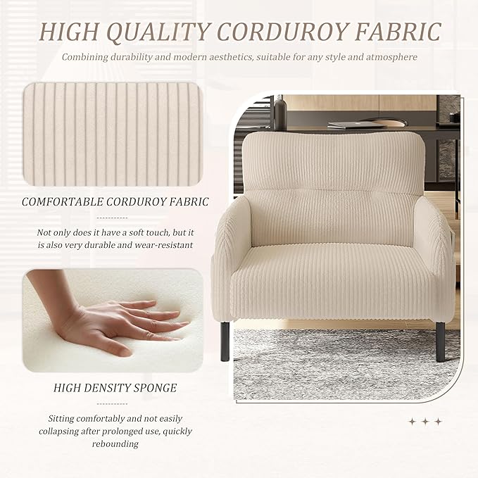 Modern Living Room Chair Single Seat Wide Chair Upholstered Corduroy Fabric Accent Armchair Single Sofa Chair with Side Pocket and Wood Legs for Bedroom/Office/Reading Spaces (Beige)