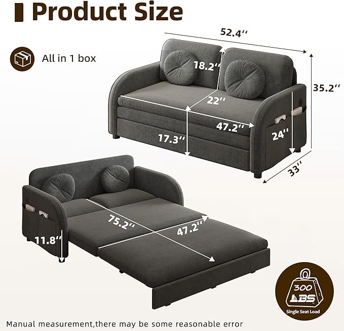 52.4'' Pull Out Couch Full-Size Futon Sofa Bed Convertible Sleeper Sofa Bed with USB Port Storage Pockets 2 Pillows Modern Chenille Loveseat Couches for Small Space Living Room Grey