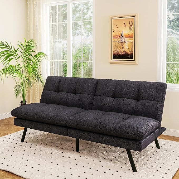 MUUEGM Convertible Futon Sofa Bed68 Memory Foam Futon CouchLinen Modern Loveseat Sleeper Couch with Adjustable Backrest &amp ArmrestDetachable Cushion for Living RoomOfficeApartmentBlack