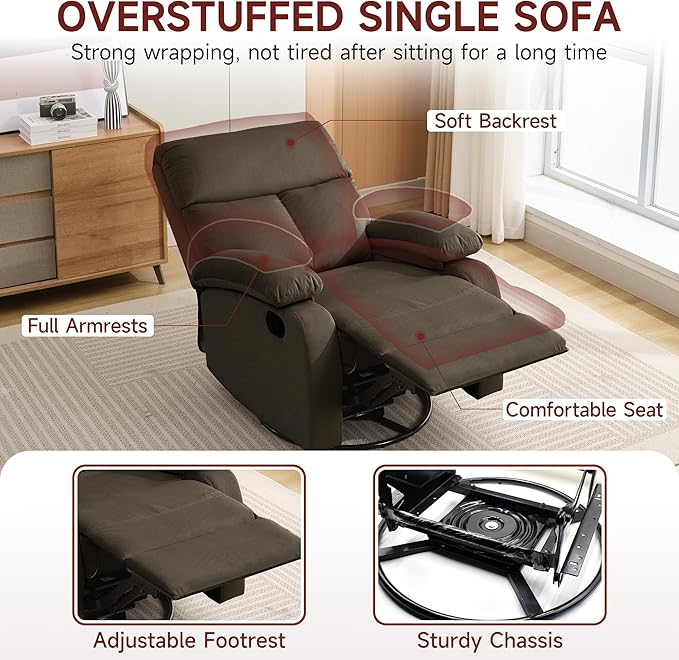 Swivel Rocker Recliner Small Recliner for Small Spaces with Overstuffed Arms and Back Manual Swivel Chair with Ultra-Soft Velvet for Living Room Nursery Bedroom Coffee