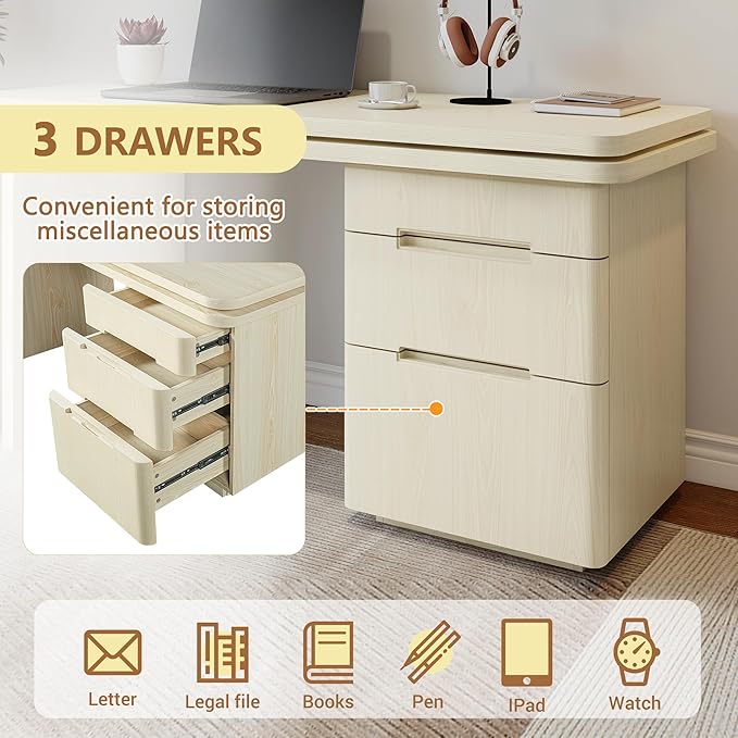 Merax Home Office Desk L Shaped with 3 DrawersWooden Rotating 90 Large DeskExecutive Office WorkstationCorner Work Table for Study WritingNatural Wood