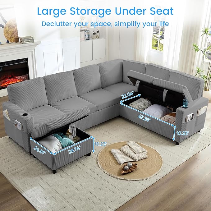 PUREMIND 100 Sectional Sleeper Sofa with Pull Out Bed U Shaped Modular Sectional Sofa with Storage Chaise Corduroy Cloud Sofa Bed with Cup Holders for Living Room Bedroom Apartment Grey