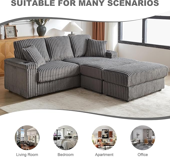 84Inch Corduroy 3-Seater Sofa with 3 Back Pillows2 toss Pillows a Ottoman2storage Spaces and Cup-Holding Grooves Comfy Sofa- Deep Seat Couch for Living RoomGrey