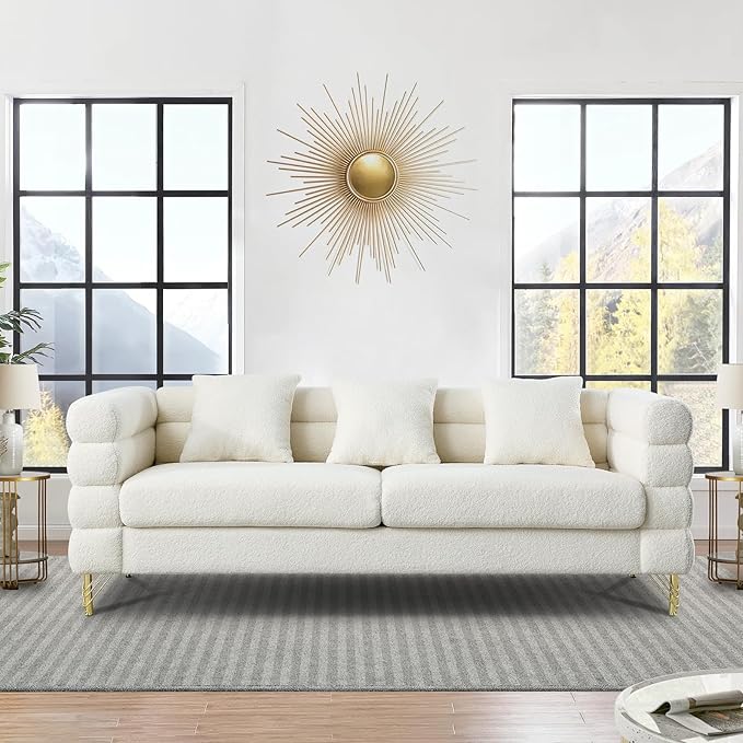 KINFFICT 2 Piece Living Room Sofa Set Comfy Boucle Couch with Loveseat and 3 Seater Upholstered Sofa Couch with 2 Pillows and Deep Seat Design for Office Waiting Room White Teddy