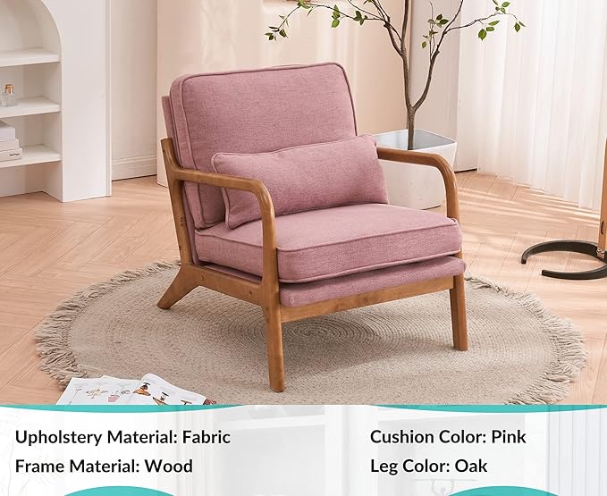 JOYBASE Lounge Accent Chair Mid Century Modern Chair Arm Chair Wood Frame Armchair for Living Room Bedroom (Pink Fabric)