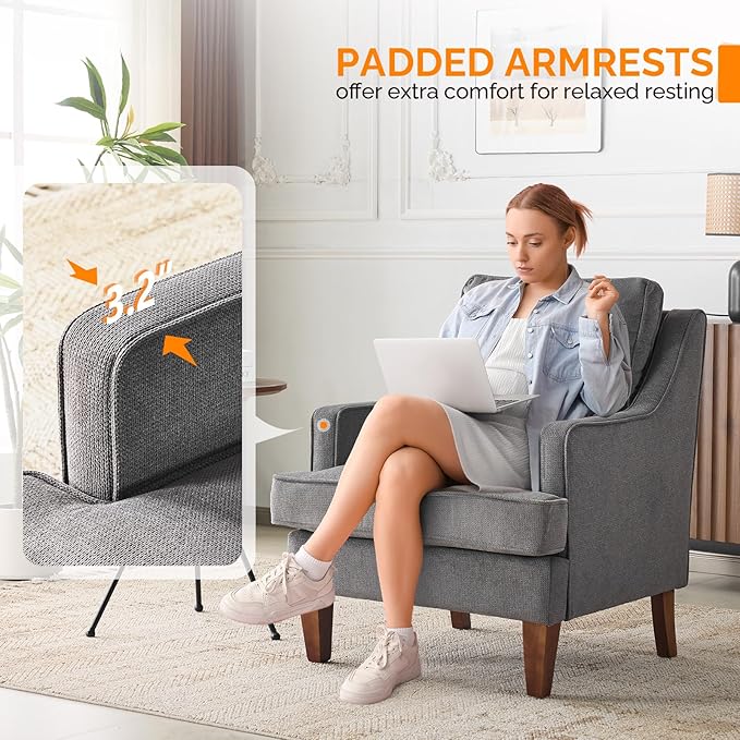 VINGLI Mid-Century Modern Accent Chairs Set of 2 Light Grey Upholstered Armchair Comfy Sofa Chairs Reading Chair High Back for Living Room Bedroom Furniture Apartment