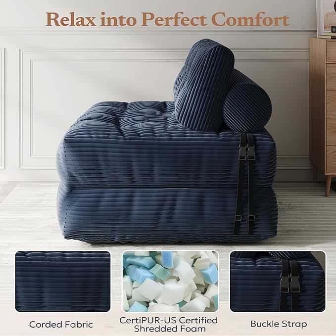 Folding Sofa Bed Foldable Mattress Sleeper Chair with Pillow Convertible Comfy Foam Couch Bed FSmall Floor Sofa Lounge for Living Room Bedroom Apartment Small Space Blue