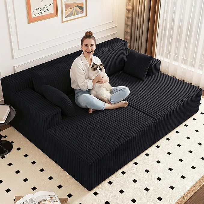 70.8 Oversized Boneless Double Chaise Lounge Chair Indoor Upholstered Corduroy Cloud Chaise Lounges with 4 Pillows Modern Deep Seat Loveseat Sleeper Sofa for Living Room Bedroom Apartment Black
