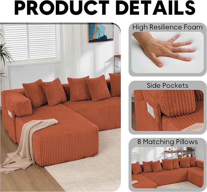 Oversized Cloud Boneless Couch with Chaise Modern Modular Corduroy Sofa with Deep Seat Various Combinations Upholstered Couches with Storage No Assembly Required-Orange