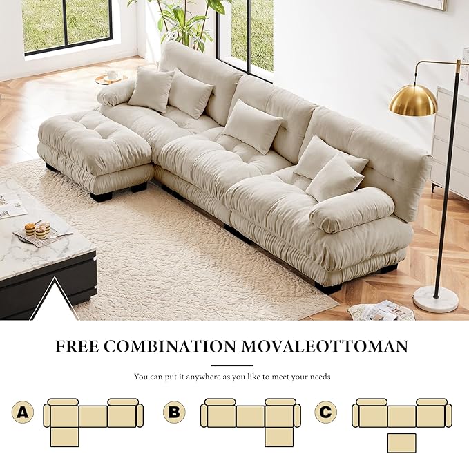 133.8 Oversized Couch 3 Seater Modular Sectional Sofa Beige Large L Shaped Sectional Couches for Living Room Fluffy Couch Set 3 Seater Velvet Cloud Couches with Ottoman Sofas for Living Room