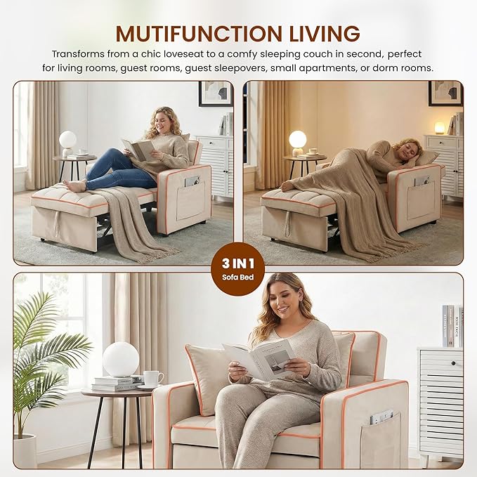 Convertible Sleeper Chair 68.5 Inch Futon Sofa Bed Single Sleeper Sofa Small Couch Bed with Side Pocket Adjustable Backrest for College Dorm Bedroom Studio Apartment